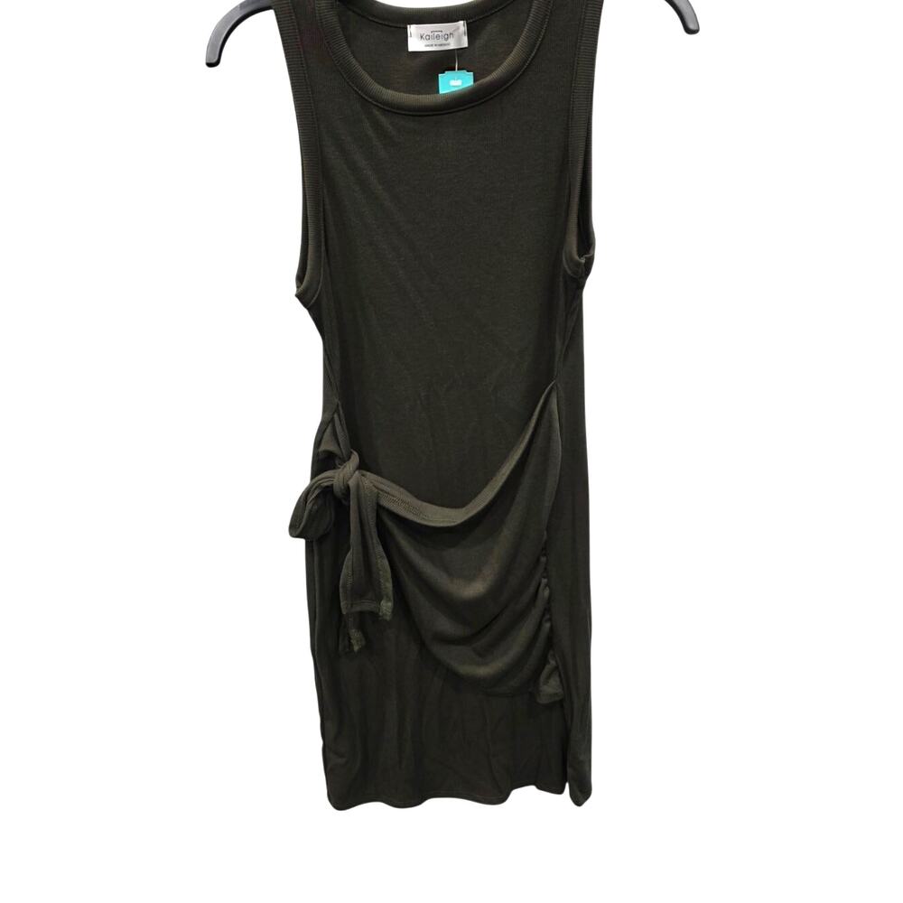 Kaleigh Olive Ribbed Knit Dress M NWT Sleeveless Side Tie Ruched Stretch Midi